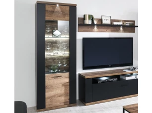 Vysoká vitrína Boston, čierna/dub ribbeck, s osvetlením, ľavá