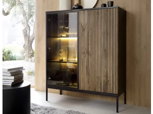 Skrinka s vitrínou Sento, čierna/dub wotan, s osvetlením
