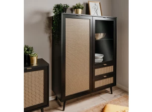 Vysoká skrinka s presklením Vienna, čierna/výplet