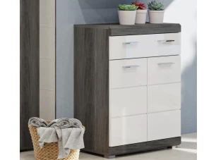 Skrinka so zásuvkou Scout, šedý dub/biely lesk