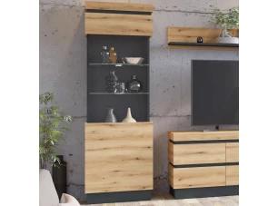 Vysoká vitrína Corte, dub coast/tmavo šedá, pravá