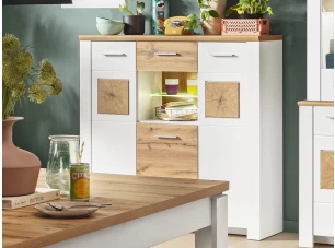 Vysoká komoda s osvetlenou priehradkou Matera, starý dub/biela