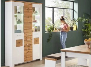 Široká vitrína s osvetlením Matera,starý dub/biela