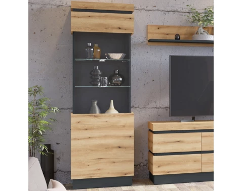E-shop Vysoká vitrína Corte, dub coast/tmavo šedá, pravá%