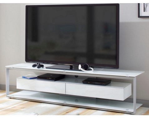 Široký TV stolík Typ, šedý kov/biele sklo%
