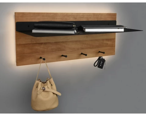 E-shop Nástenný vešiak LED s policou Rómy, drevo/kov, 75 cm%