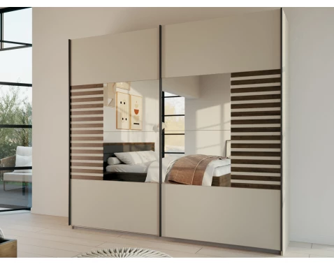 E-shop Šatníková skriňa so zrkadlom Barea, 226 cm, béžová/dub atlantic%