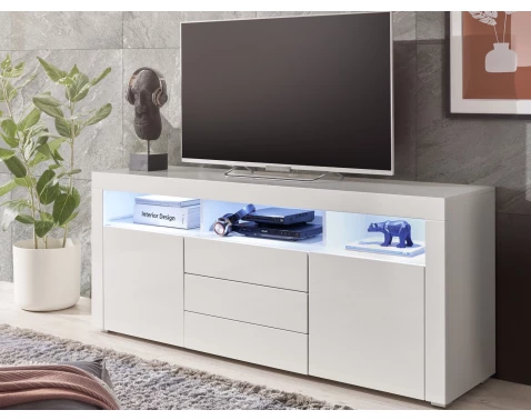 E-shop Široká TV skrinka Leeds, biela lesk, s osvetlením%