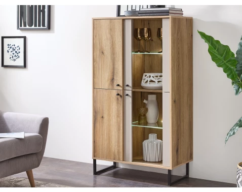 E-shop Vitrínová skrinka Cube, dub evoke / pieskovo šedá, s osvetlením%