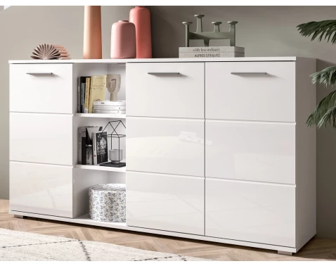E-shop Široká skrinka s priehradkami Prego, 150 cm, biela lesk%