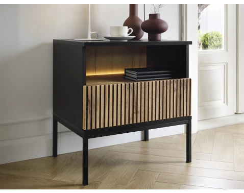 Nočný stolík Sento, čierna/dub wotan, s osvetlením%