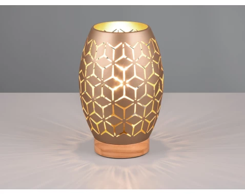 E-shop Stolová lampa Bidar 21 cm, medený kov/drevo%