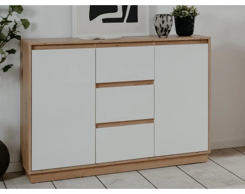 E-shop Komoda so šuplíkmi Dallas, 117 cm, dub artisan/lesklá biela%