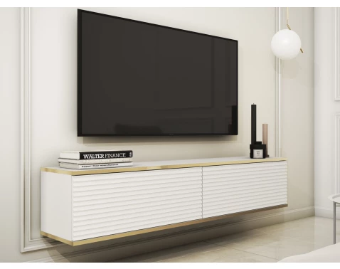 Závesná TV skrinka Orfeo, 135 cm, biela štruktúra/zlatá%