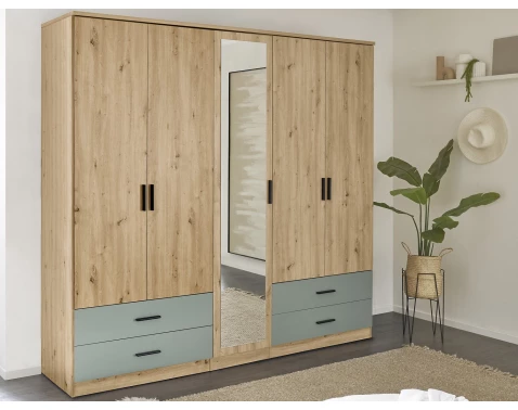 E-shop Šatníková skriňa so zrkadlom Savina 225 cm, dub artisan/šalviová%
