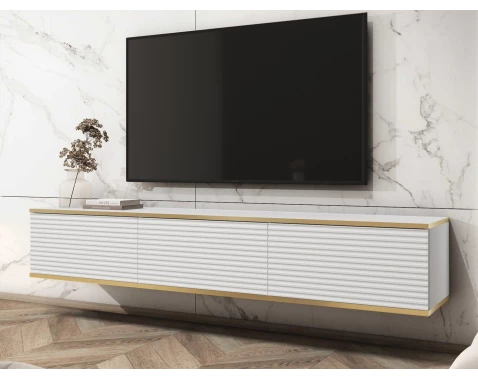 E-shop Závesná TV skrinka Orfeo, 175 cm, biela štruktúra/zlatá%
