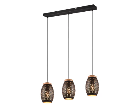 E-shop Závesné stropné osvetlenie Bidar 71 cm, černý kov/dřevo, 3 svítidla%
