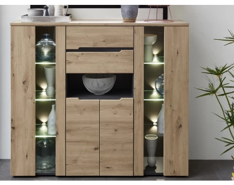 E-shop Vysoká komoda s osvetlením Memphis, 145 cm, dub artisan/grafit%