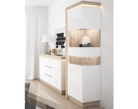 E-shop Vysoká vitrína Lyon, dub riviera/biely lesk, s osvetlením, pravá%