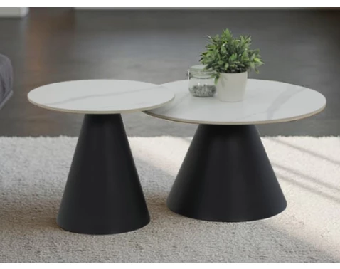 E-shop Súprava 2 okrúhlych stolíkov Dustin, 70 cm/50 cm, biela imitácia mramoru%