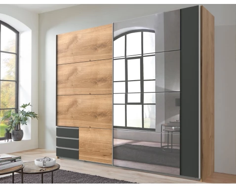 E-shop Šatníková skriňa so zrkadlom Emden, 225 cm, doskový dub/grafit%
