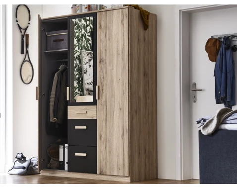 E-shop Šatníková skriňa so zrkadlom Cariba, 135 cm, dub san remo/grafit%