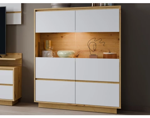 E-shop Široká vitrína Foggia, 114 cm, dub artisan/biela%