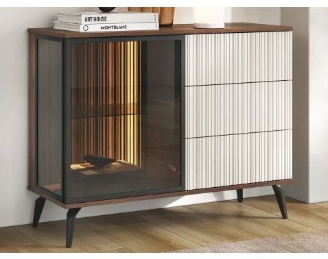 E-shop Komoda s presklením Vici 103 cm, orech/kašmírovo béžová, s osvetlením%
