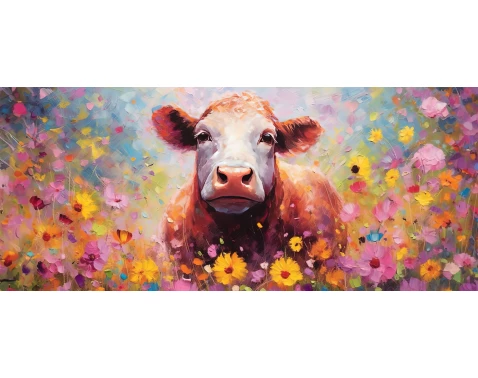 E-shop Obraz na plátne Krava v kvetoch 140x60 cm, efekt olejomaľby%