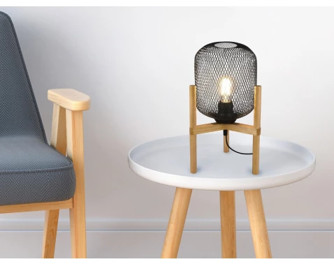E-shop Stolová lampa Calimero, drevo, drôtené tienidlo%
