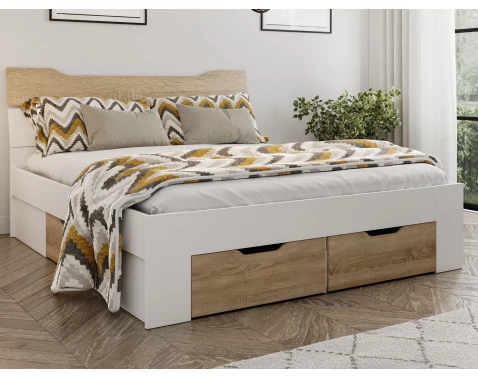 E-shop Posteľ s úložnými zásuvkami Asko 180x200 cm, biela/dub sonoma%