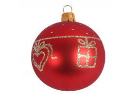 Vianočná ozdoba sklenená guľa 6 cm, červená, darček a srdiečko