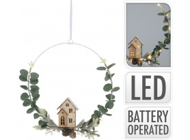 Vianočné dekorácie LED veniec s domčekom, 30 cm