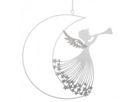 Vianočná dekorácia Závesný anjel s polmesiacom, biely kov