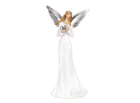 Dekoračná soška Anjel so srdcom 32 cm, biely so striebornými krídlami