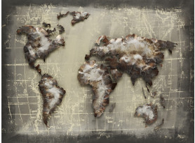 Kovový obraz na stenu Mapa sveta 80x60 cm, šedý vintage