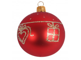 Vianočná ozdoba sklenená guľa 7 cm, červená, darček a srdiečko