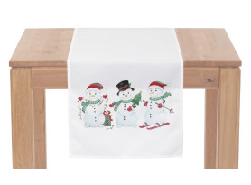 Vianočný behúň na stôl Snehuliaci 150x40 cm, biely