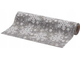 Vianočná dekoračná látka Snehové vločky 250x28 cm, šedá