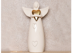 Dekoračná soška LED anjel so zlatým srdcom, biela