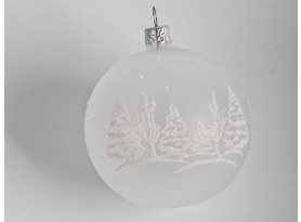 Vianočná ozdoba Biela guľa 8 cm, stromčeky, sklo
