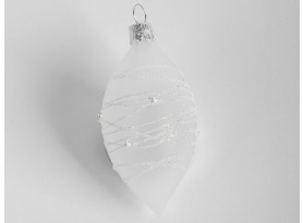 Vianočná  ozdoba sklenená oliva 8x4 cm, biela s vlnkami